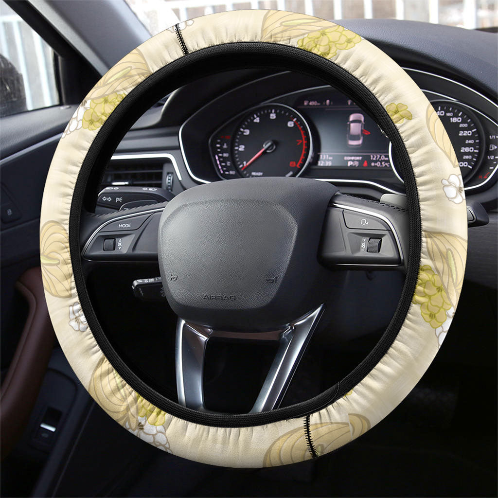 Hawaii Anthurium Tiare Pikake Lei Steering Wheel Cover Melemele Lauhala Art Pattern