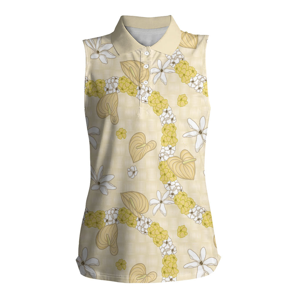 Hawaii Anthurium Tiare Pikake Lei Women Sleeveless Polo Shirt Melemele Lauhala Art Pattern