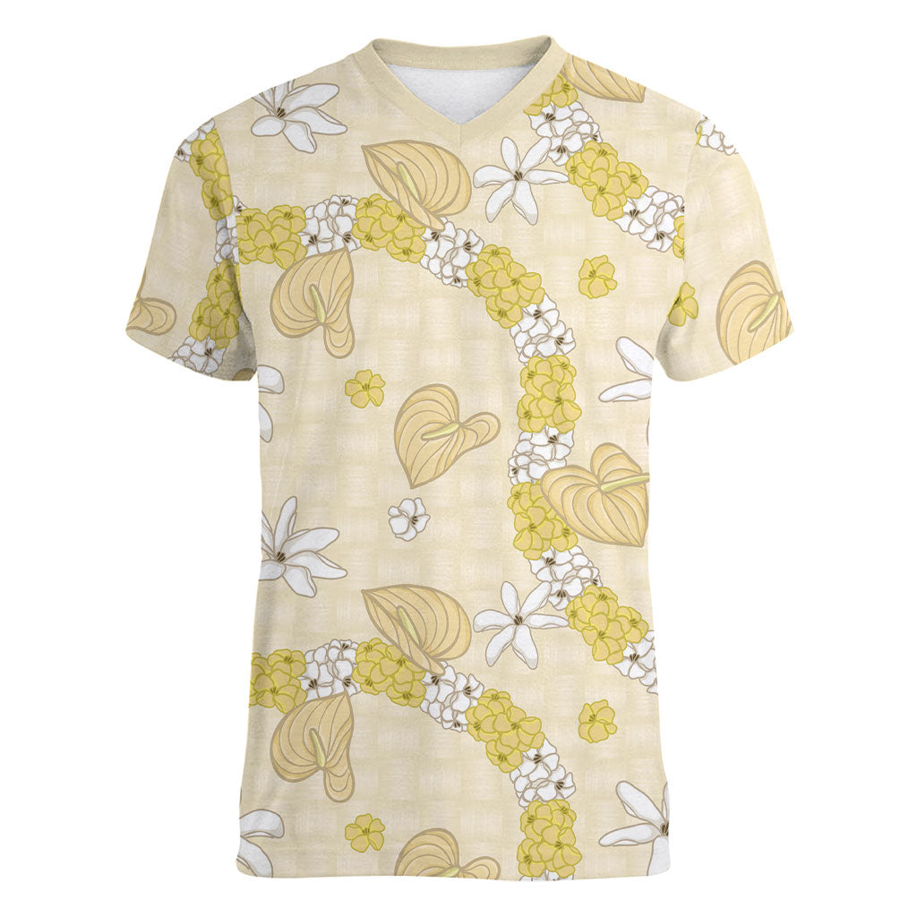 Hawaii Anthurium Tiare Pikake Lei Women V-Neck T-Shirt Melemele Lauhala Art Pattern