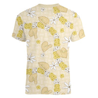 Hawaii Anthurium Tiare Pikake Lei Women V-Neck T-Shirt Melemele Lauhala Art Pattern