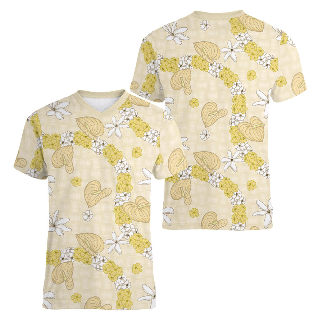 Hawaii Anthurium Tiare Pikake Lei Women V-Neck T-Shirt Melemele Lauhala Art Pattern