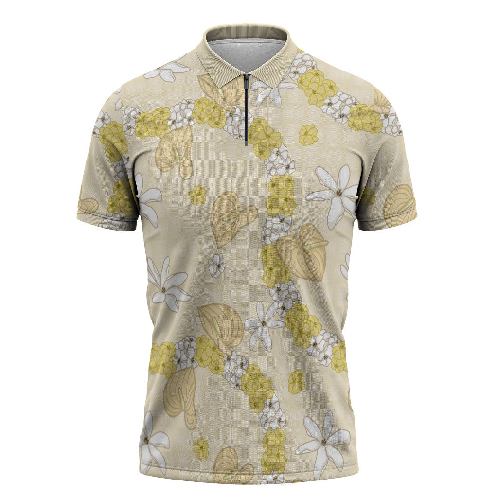 Hawaii Anthurium Tiare Pikake Lei Zipper Polo Shirt Melemele Lauhala Art Pattern