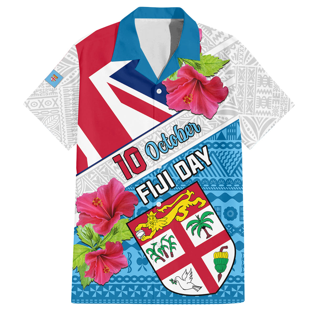 Fiji Day Family Matching Summer Maxi Dress and Hawaiian Shirt Fijian Hibiscus Special Version LT01 Dad's Shirt - Short Sleeve White - Polynesian Pride