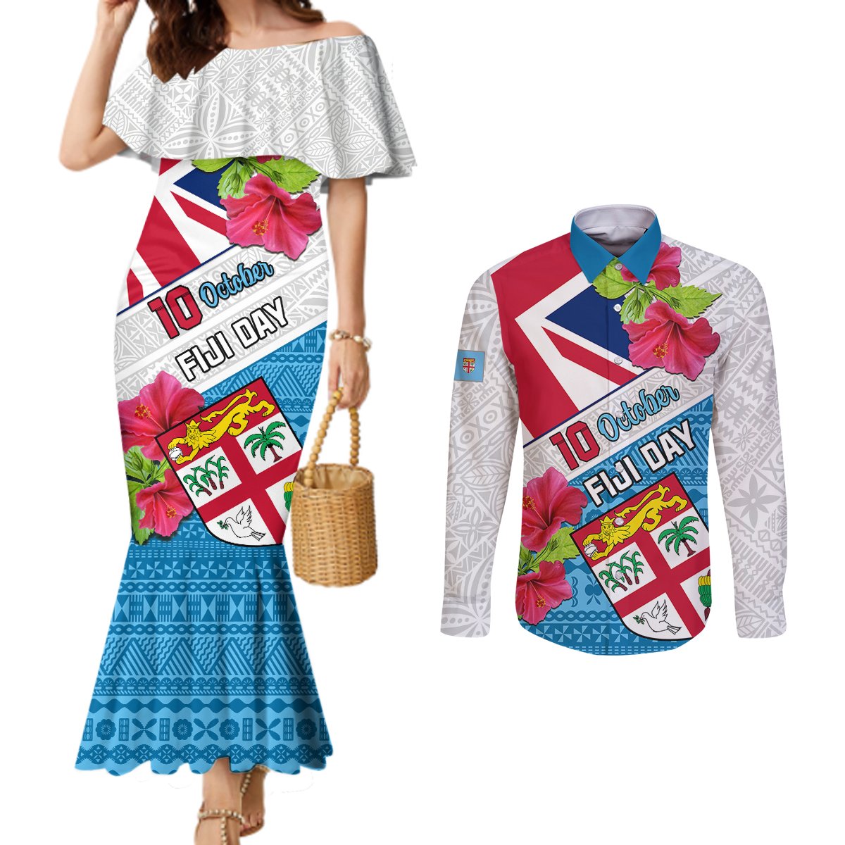 Personalised Fiji Day Couples Matching Mermaid Dress and Long Sleeve Button Shirts Fijian Hibiscus Special Version LT01 White - Polynesian Pride