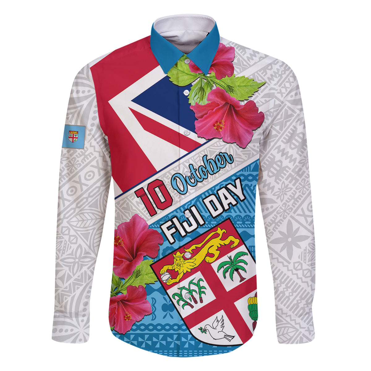 Personalised Fiji Day Family Matching Off Shoulder Maxi Dress and Hawaiian Shirt Fijian Hibiscus Special Version LT01 Dad's Shirt - Long Sleeve White - Polynesian Pride