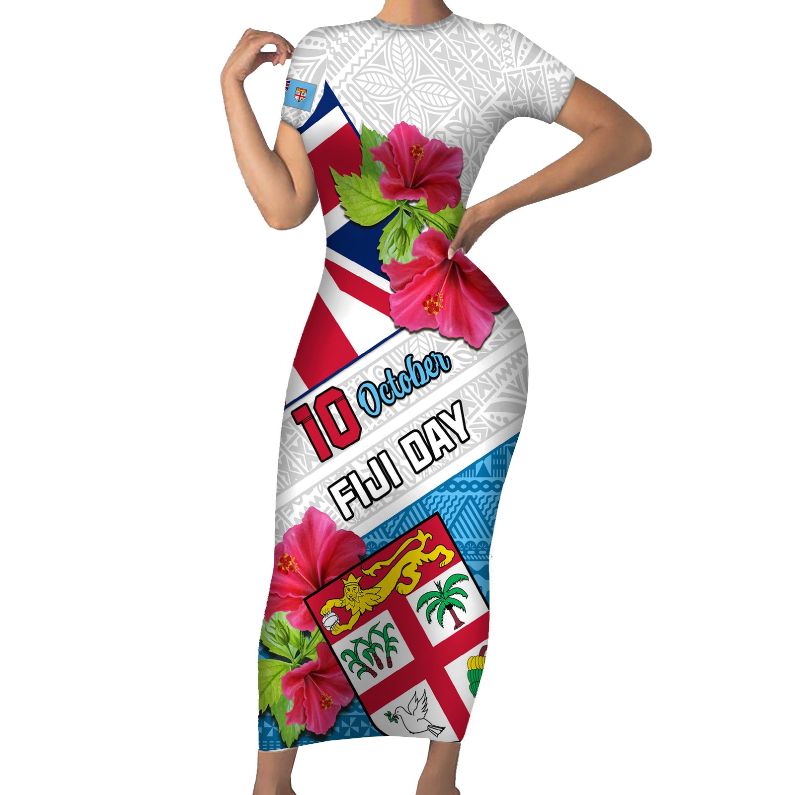 Personalised Fiji Day Short Sleeve Bodycon Dress Fijian Hibiscus Special Version LT01 Long Dress White - Polynesian Pride