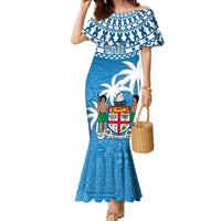 Fiji Family Matching Mermaid Dress and Hawaiian Shirt Bula Fijian Tapa Pattern LT01 Mom's Dress Blue - Polynesian Pride