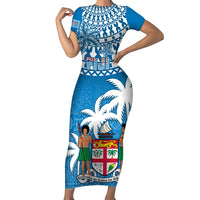 Fiji Short Sleeve Bodycon Dress Bula Fijian Tapa Pattern LT01 Long Dress Blue - Polynesian Pride