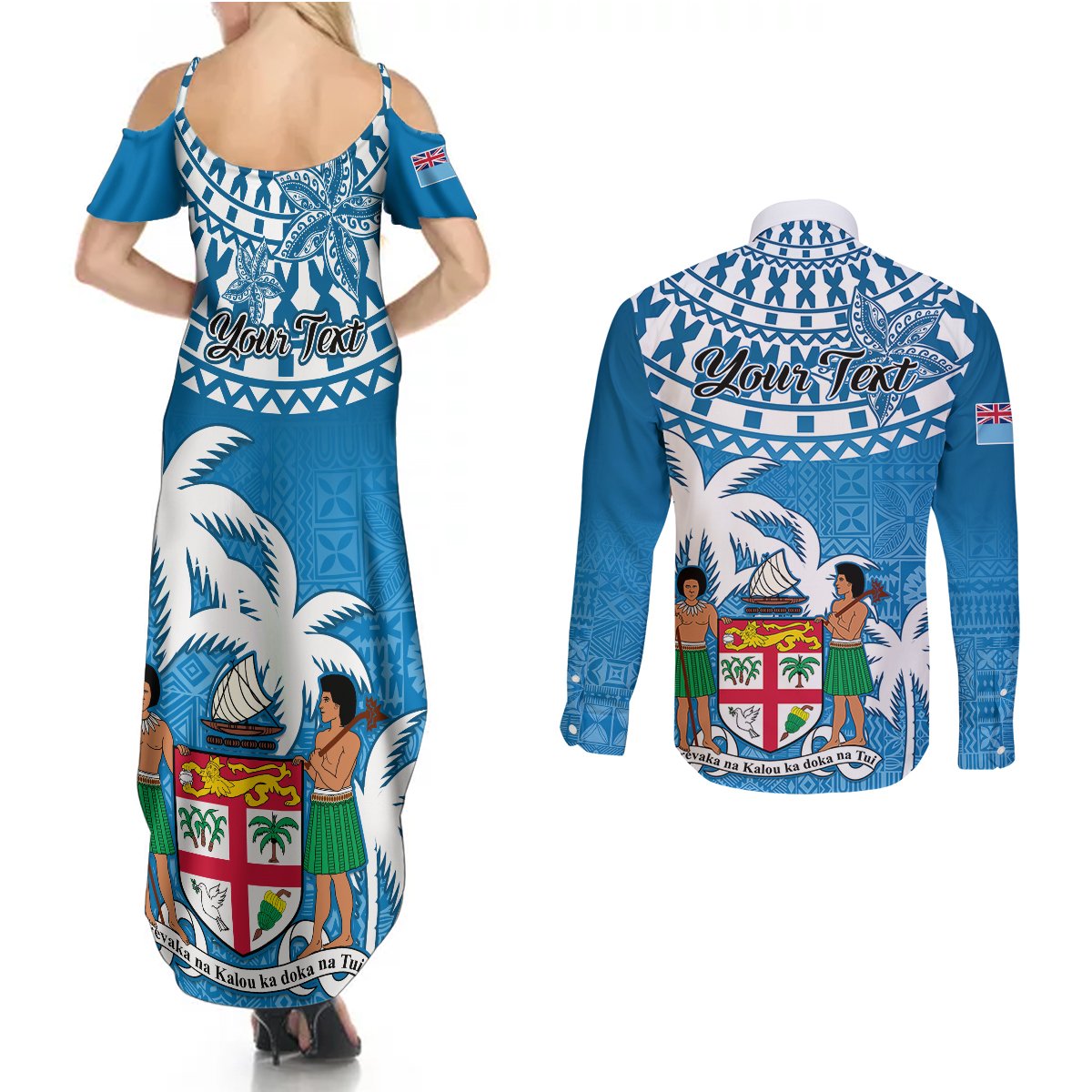 Personalised Fiji Couples Matching Summer Maxi Dress and Long Sleeve Button Shirts Bula Fijian Tapa Pattern LT01 - Polynesian Pride