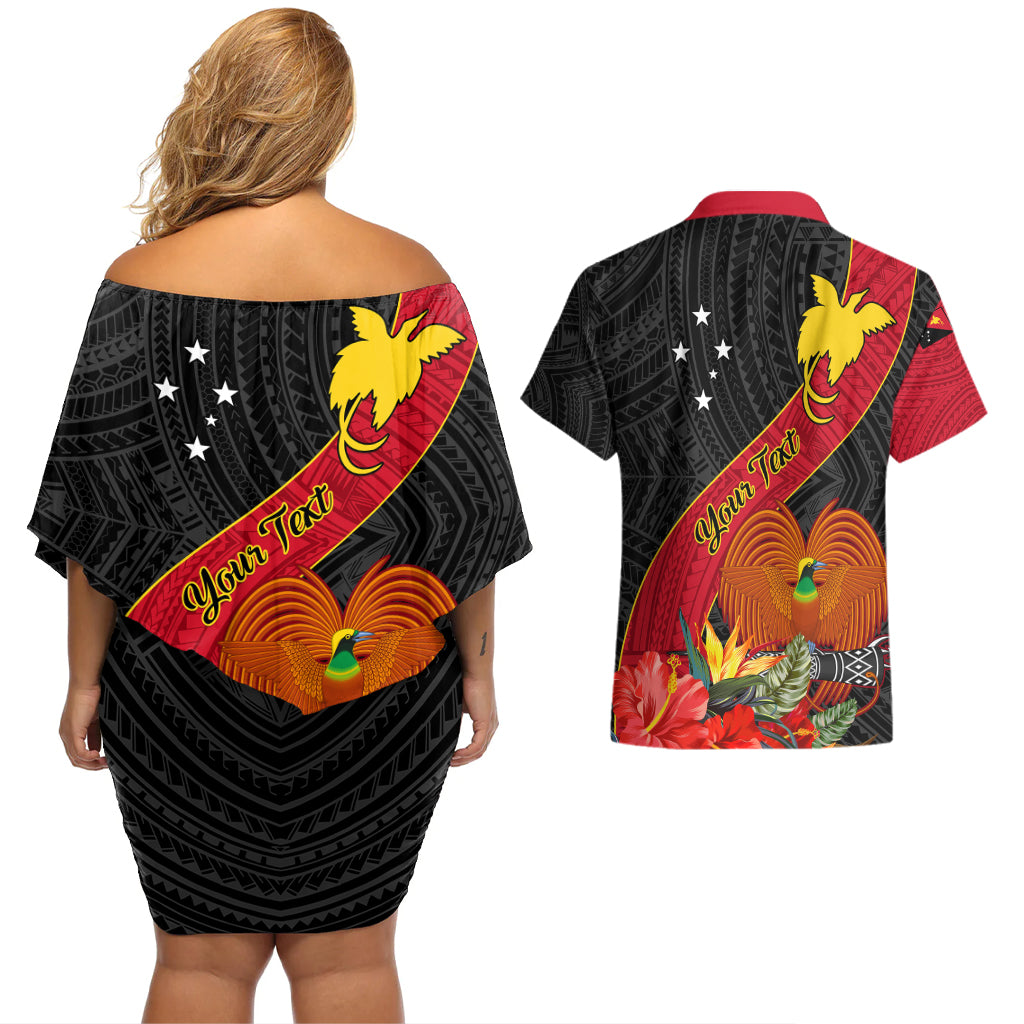 Personalised Papua New Guinea Couples Matching Off Shoulder Short Dress and Hawaiian Shirt Bird Of Paradise With Tropical Flower LT01 - Polynesian Pride