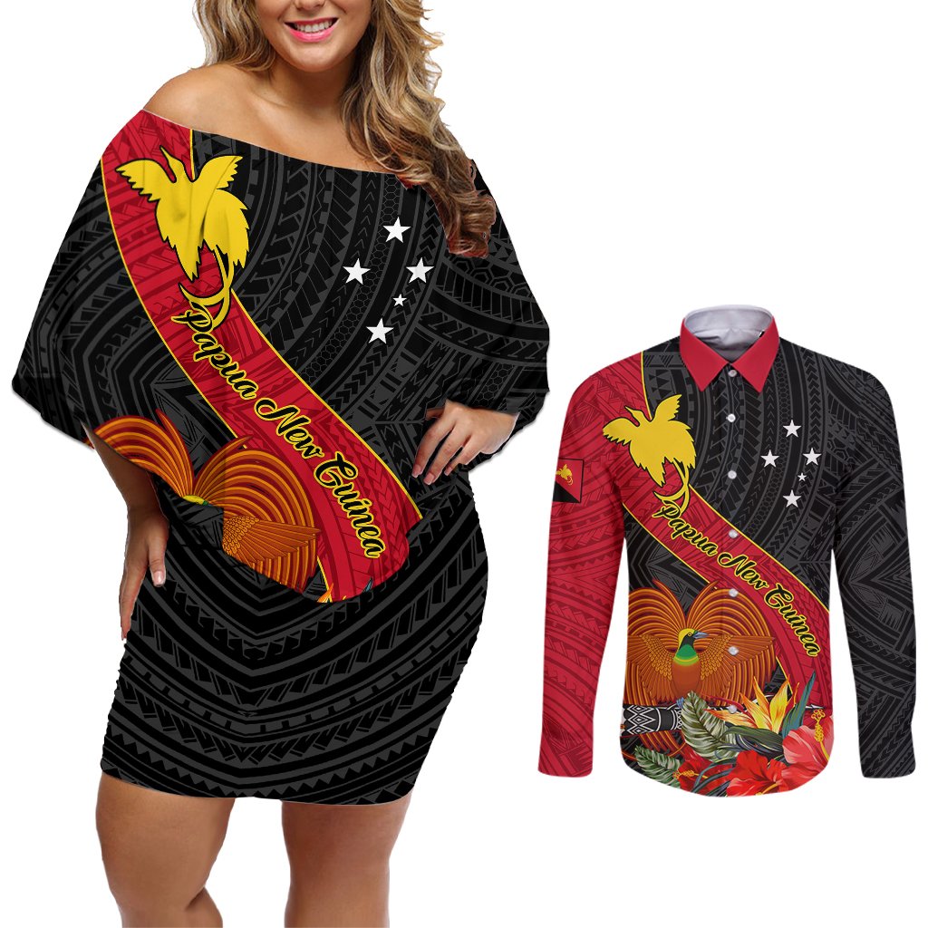 Personalised Papua New Guinea Couples Matching Off Shoulder Short Dress and Long Sleeve Button Shirts Bird Of Paradise With Tropical Flower LT01 Black - Polynesian Pride