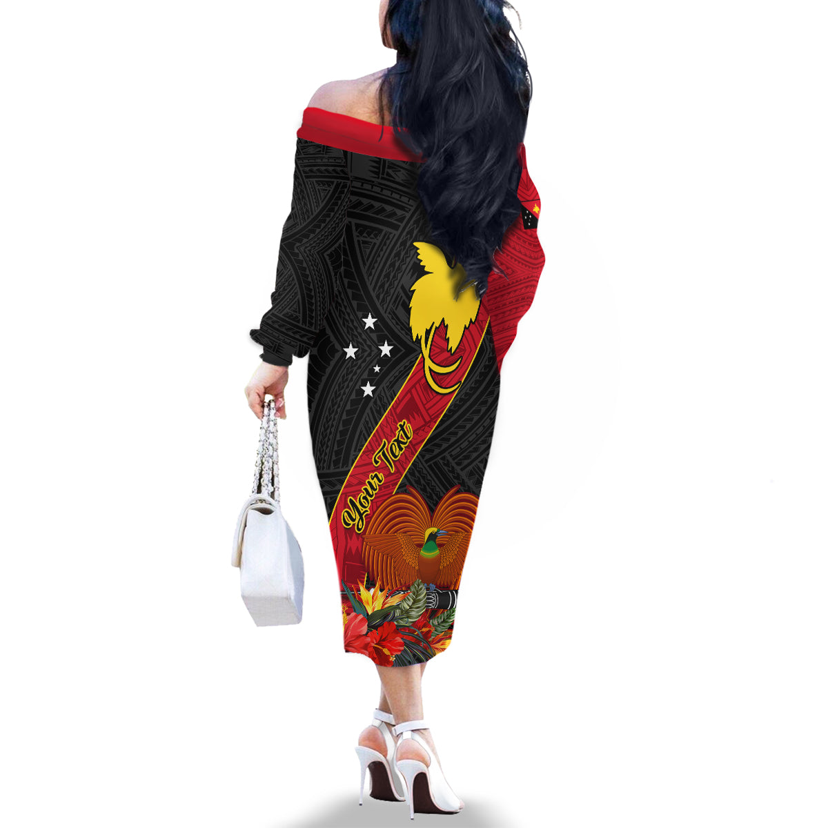 Personalised Papua New Guinea Family Matching Off Shoulder Long Sleeve Dress and Hawaiian Shirt Bird Of Paradise With Tropical Flower LT01 - Polynesian Pride