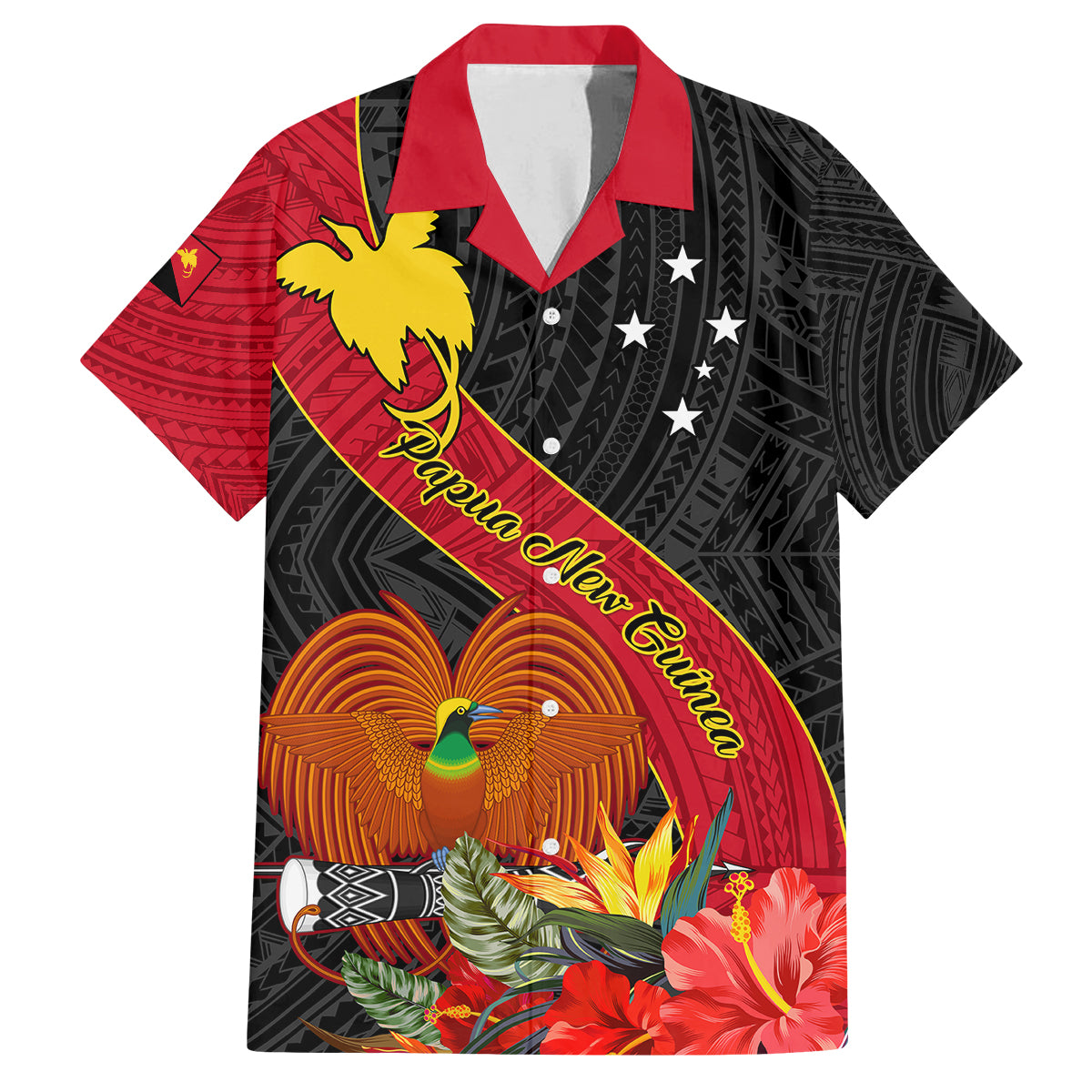 Personalised Papua New Guinea Family Matching Off Shoulder Maxi Dress and Hawaiian Shirt Bird Of Paradise With Tropical Flower LT01 Dad's Shirt - Short Sleeve Black - Polynesian Pride