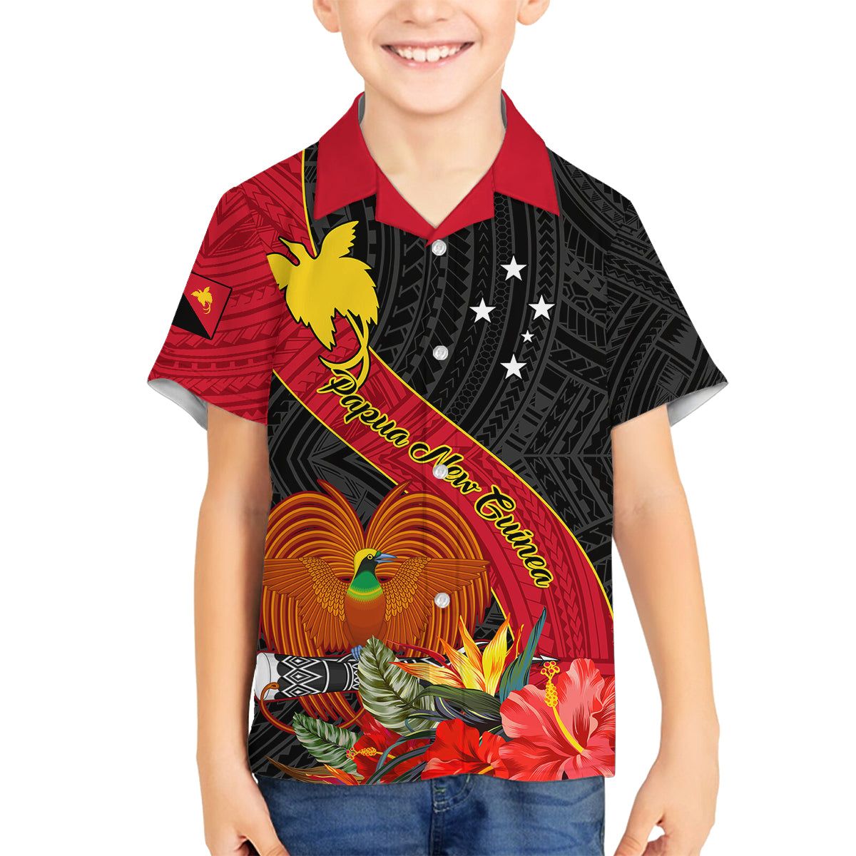 Personalised Papua New Guinea Kid Hawaiian Shirt Bird Of Paradise With Tropical Flower LT01 - Polynesian Pride