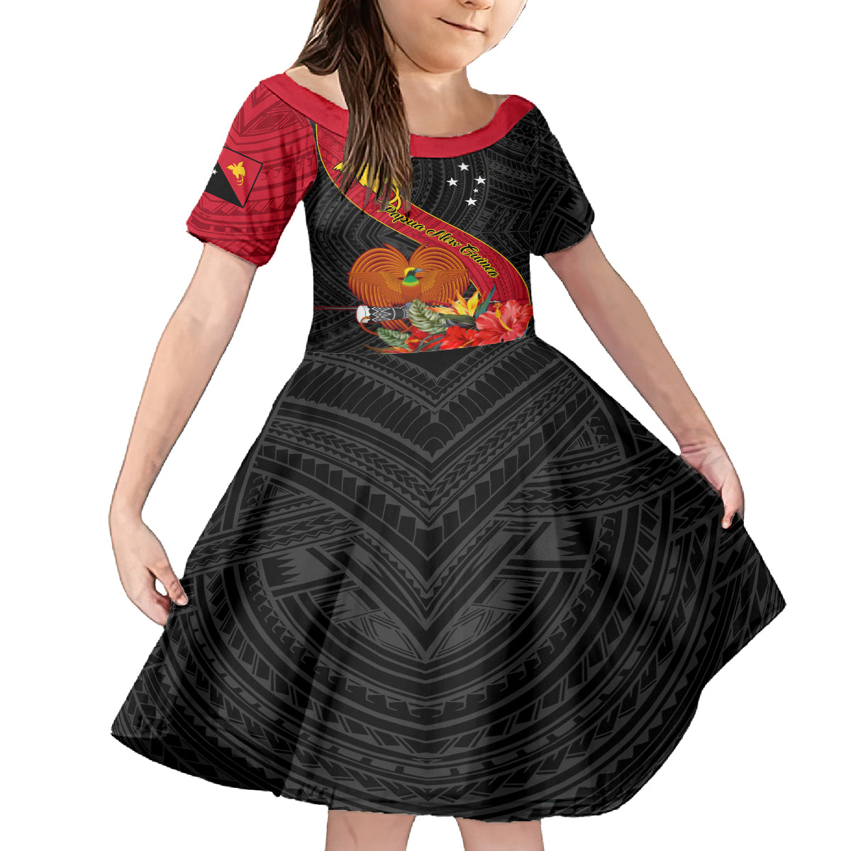Personalised Papua New Guinea Kid Short Sleeve Dress Bird Of Paradise With Tropical Flower LT01 KID Black - Polynesian Pride