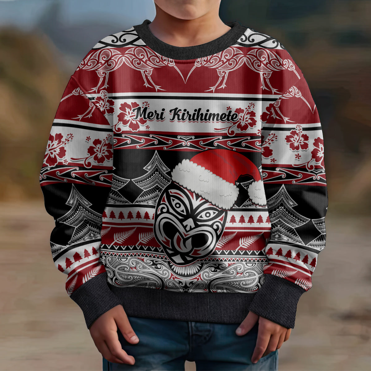 Personalised New Zealand Christmas Kid Ugly Christmas Sweater Maori Meri Kirihimete Moko LT01 - Polynesian Pride