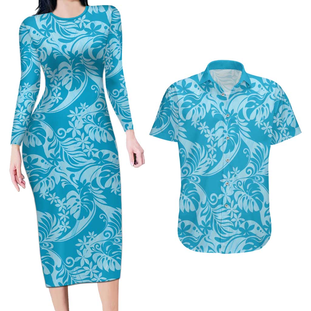 Tahiti Ninamu Tiare Floral Couples Matching Long Sleeve Bodycon Dress and Hawaiian Shirt Monstera Palm Tropical Leaves - Polynesian Pride