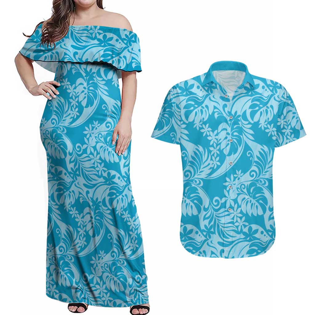 Tahiti Ninamu Tiare Floral Couples Matching Off Shoulder Maxi Dress and Hawaiian Shirt Monstera Palm Tropical Leaves LT01 Blue - Polynesian Pride