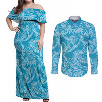 Tahiti Ninamu Tiare Floral Couples Matching Off Shoulder Maxi Dress and Long Sleeve Button Shirt Monstera Palm Tropical Leaves LT01 Blue - Polynesian Pride