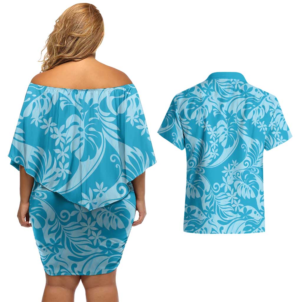 Tahiti Ninamu Tiare Floral Couples Matching Off Shoulder Short Dress and Hawaiian Shirt Monstera Palm Tropical Leaves LT01 - Polynesian Pride
