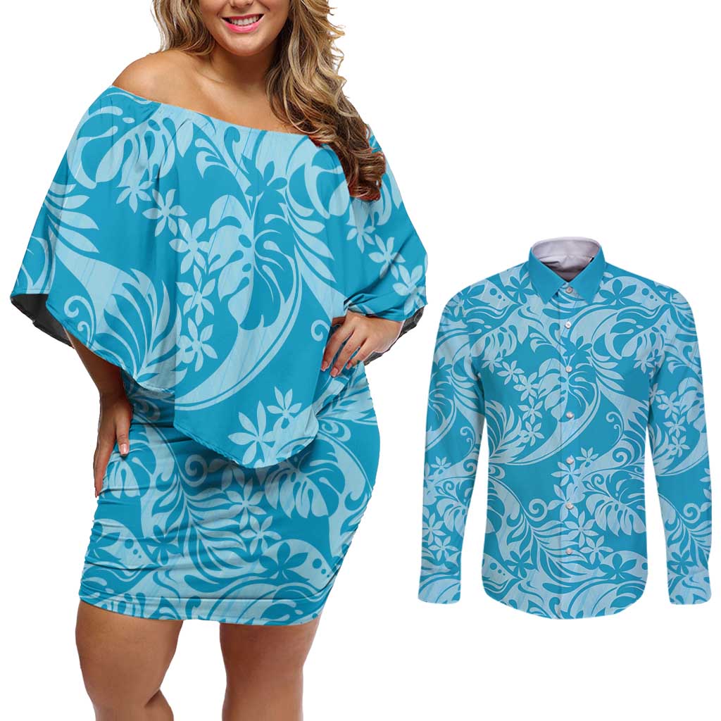 Tahiti Ninamu Tiare Floral Couples Matching Off Shoulder Short Dress and Long Sleeve Button Shirt Monstera Palm Tropical Leaves - Polynesian Pride