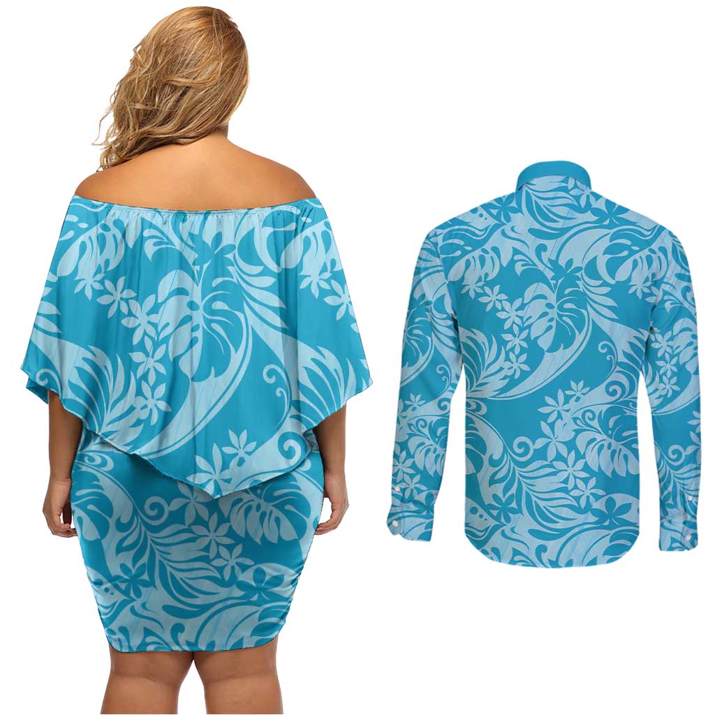 Tahiti Ninamu Tiare Floral Couples Matching Off Shoulder Short Dress and Long Sleeve Button Shirt Monstera Palm Tropical Leaves LT01 - Polynesian Pride