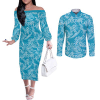 Tahiti Ninamu Tiare Floral Couples Matching Off The Shoulder Long Sleeve Dress and Long Sleeve Button Shirt Monstera Palm Tropical Leaves LT01 Blue - Polynesian Pride