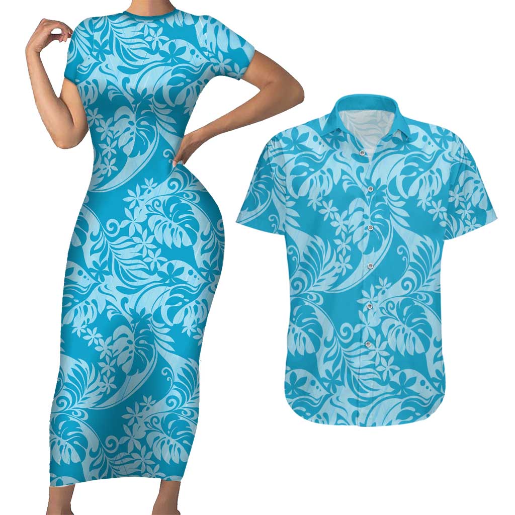 Tahiti Ninamu Tiare Floral Couples Matching Short Sleeve Bodycon Dress and Hawaiian Shirt Monstera Palm Tropical Leaves LT01 Blue - Polynesian Pride