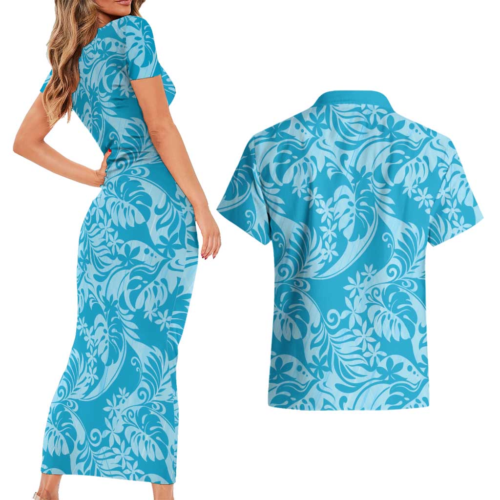 Tahiti Ninamu Tiare Floral Couples Matching Short Sleeve Bodycon Dress and Hawaiian Shirt Monstera Palm Tropical Leaves LT01 - Polynesian Pride