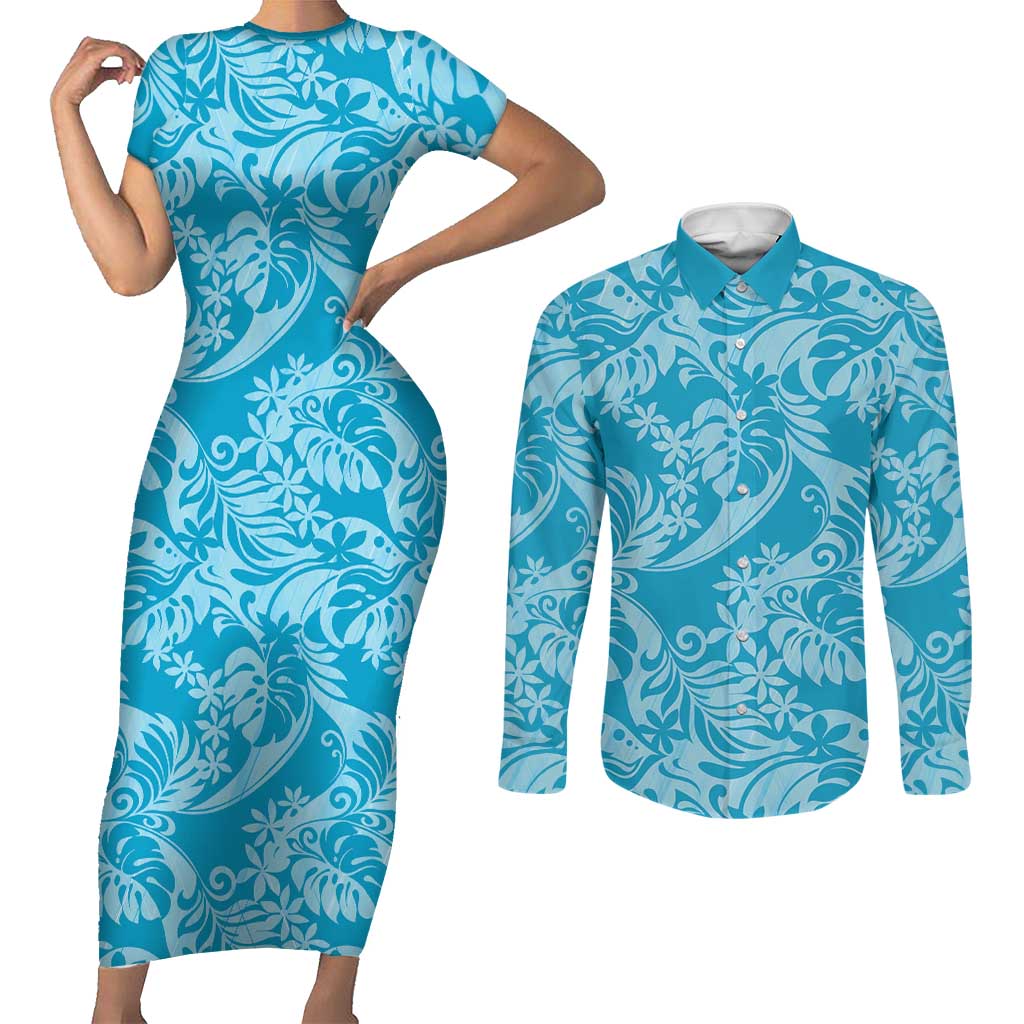 Tahiti Ninamu Tiare Floral Couples Matching Short Sleeve Bodycon Dress and Long Sleeve Button Shirt Monstera Palm Tropical Leaves - Polynesian Pride
