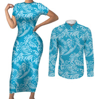 Tahiti Ninamu Tiare Floral Couples Matching Short Sleeve Bodycon Dress and Long Sleeve Button Shirt Monstera Palm Tropical Leaves LT01 Blue - Polynesian Pride