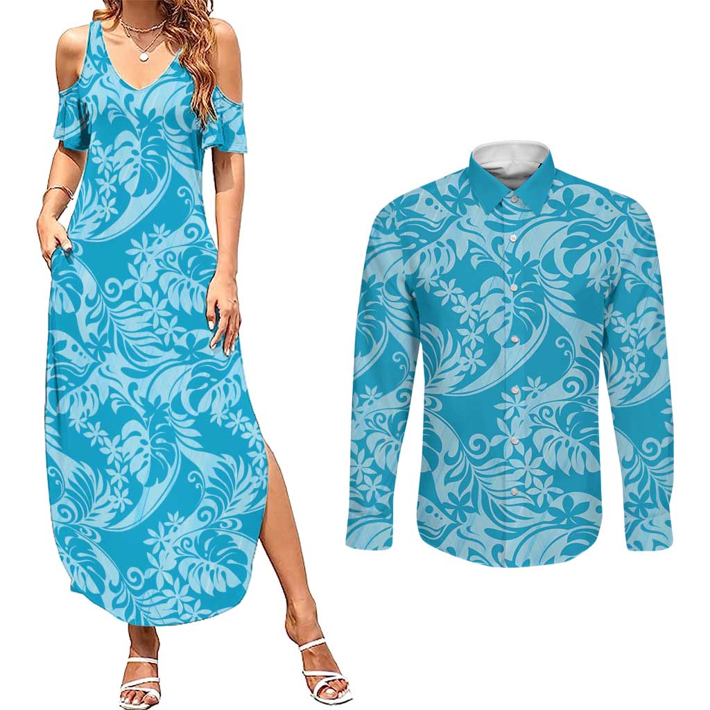 Tahiti Ninamu Tiare Floral Couples Matching Summer Maxi Dress and Long Sleeve Button Shirt Monstera Palm Tropical Leaves - Polynesian Pride