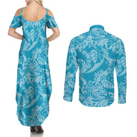 Tahiti Ninamu Tiare Floral Couples Matching Summer Maxi Dress and Long Sleeve Button Shirt Monstera Palm Tropical Leaves - Polynesian Pride