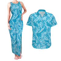 Tahiti Ninamu Tiare Floral Couples Matching Tank Maxi Dress and Hawaiian Shirt Monstera Palm Tropical Leaves LT01 Blue - Polynesian Pride