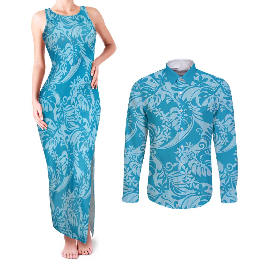 Tahiti Ninamu Tiare Floral Couples Matching Tank Maxi Dress and Long Sleeve Button Shirt Monstera Palm Tropical Leaves - Polynesian Pride