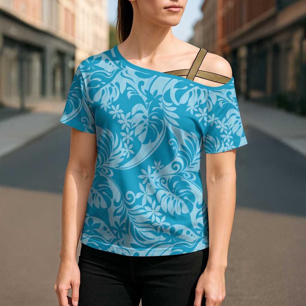 Tahiti Ninamu Tiare Floral Cross Shoulder Shirt Monstera Palm Tropical Leaves - Polynesian Pride