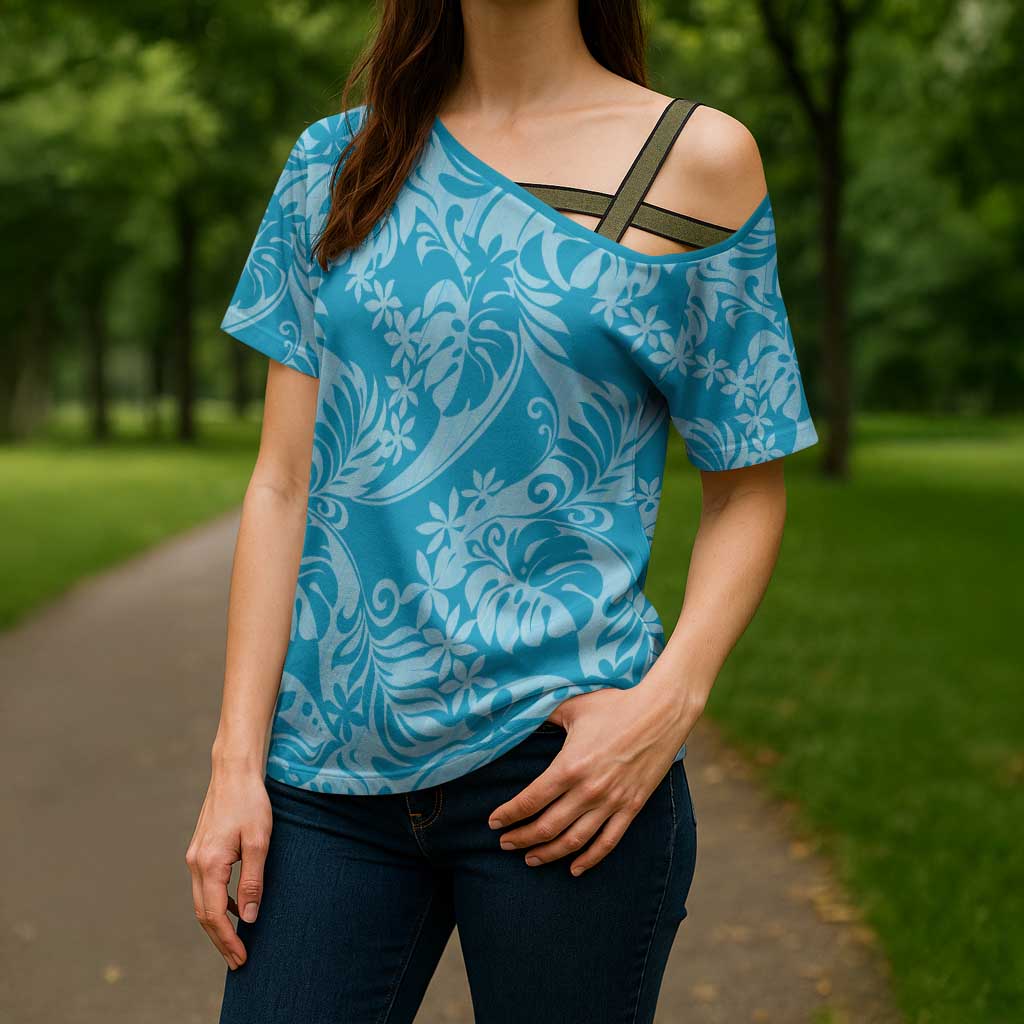 Tahiti Ninamu Tiare Floral Cross Shoulder Shirt Monstera Palm Tropical Leaves - Polynesian Pride