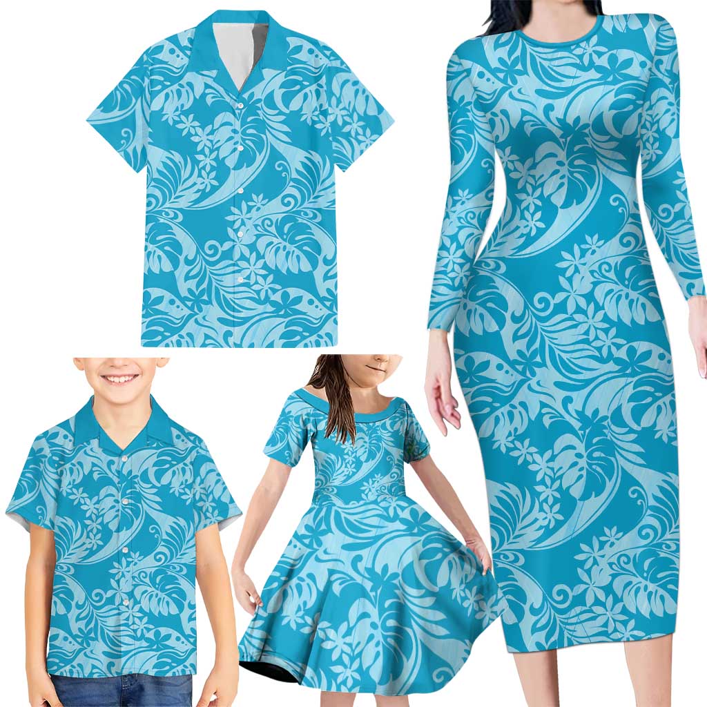 Tahiti Ninamu Tiare Floral Family Matching Long Sleeve Bodycon Dress and Hawaiian Shirt Monstera Palm Tropical Leaves LT01 - Polynesian Pride