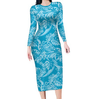 Tahiti Ninamu Tiare Floral Family Matching Long Sleeve Bodycon Dress and Hawaiian Shirt Monstera Palm Tropical Leaves LT01 Mom's Dress Blue - Polynesian Pride