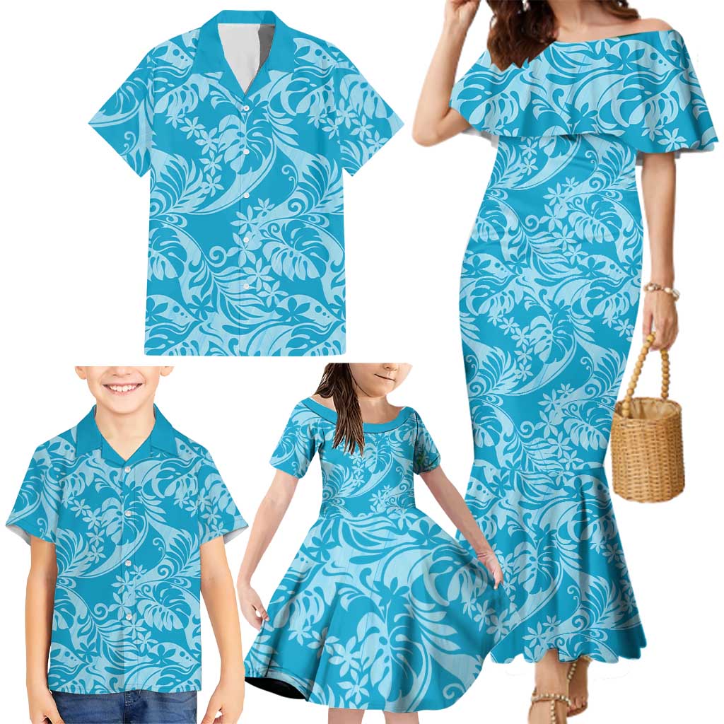Tahiti Ninamu Tiare Floral Family Matching Mermaid Dress and Hawaiian Shirt Monstera Palm Tropical Leaves - Polynesian Pride