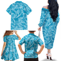 Tahiti Ninamu Tiare Floral Family Matching Off The Shoulder Long Sleeve Dress and Hawaiian Shirt Monstera Palm Tropical Leaves LT01 - Polynesian Pride