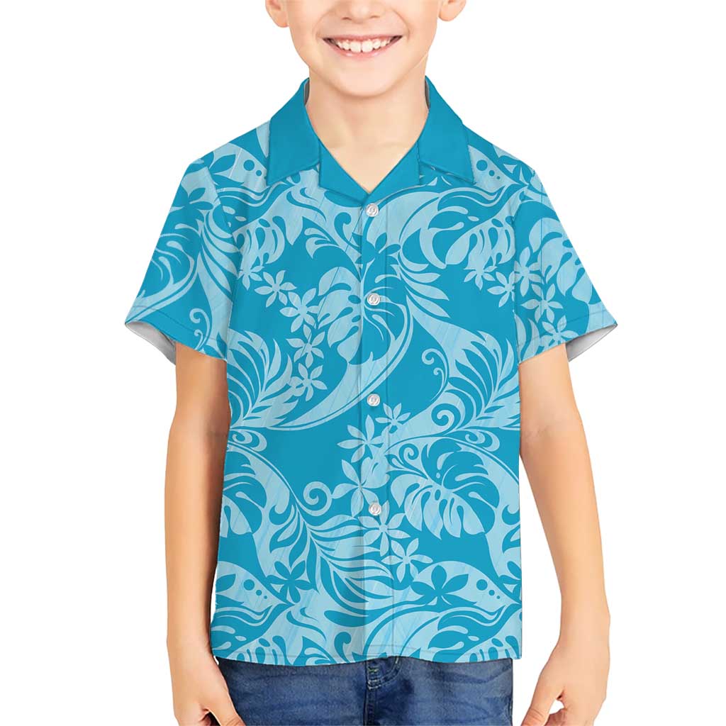 Tahiti Ninamu Tiare Floral Family Matching Off The Shoulder Long Sleeve Dress and Hawaiian Shirt Monstera Palm Tropical Leaves LT01 Son's Shirt Blue - Polynesian Pride