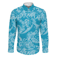 Tahiti Ninamu Tiare Floral Family Matching Off Shoulder Maxi Dress and Hawaiian Shirt Monstera Palm Tropical Leaves LT01 Dad's Shirt - Long Sleeve Blue - Polynesian Pride