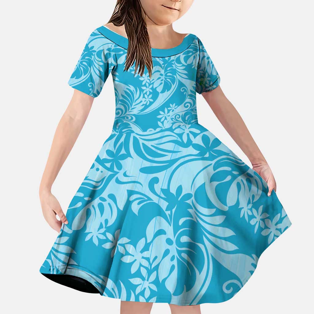 Tahiti Ninamu Tiare Floral Family Matching Off Shoulder Short Dress and Hawaiian Shirt Monstera Palm Tropical Leaves LT01 Daughter's Dress Blue - Polynesian Pride
