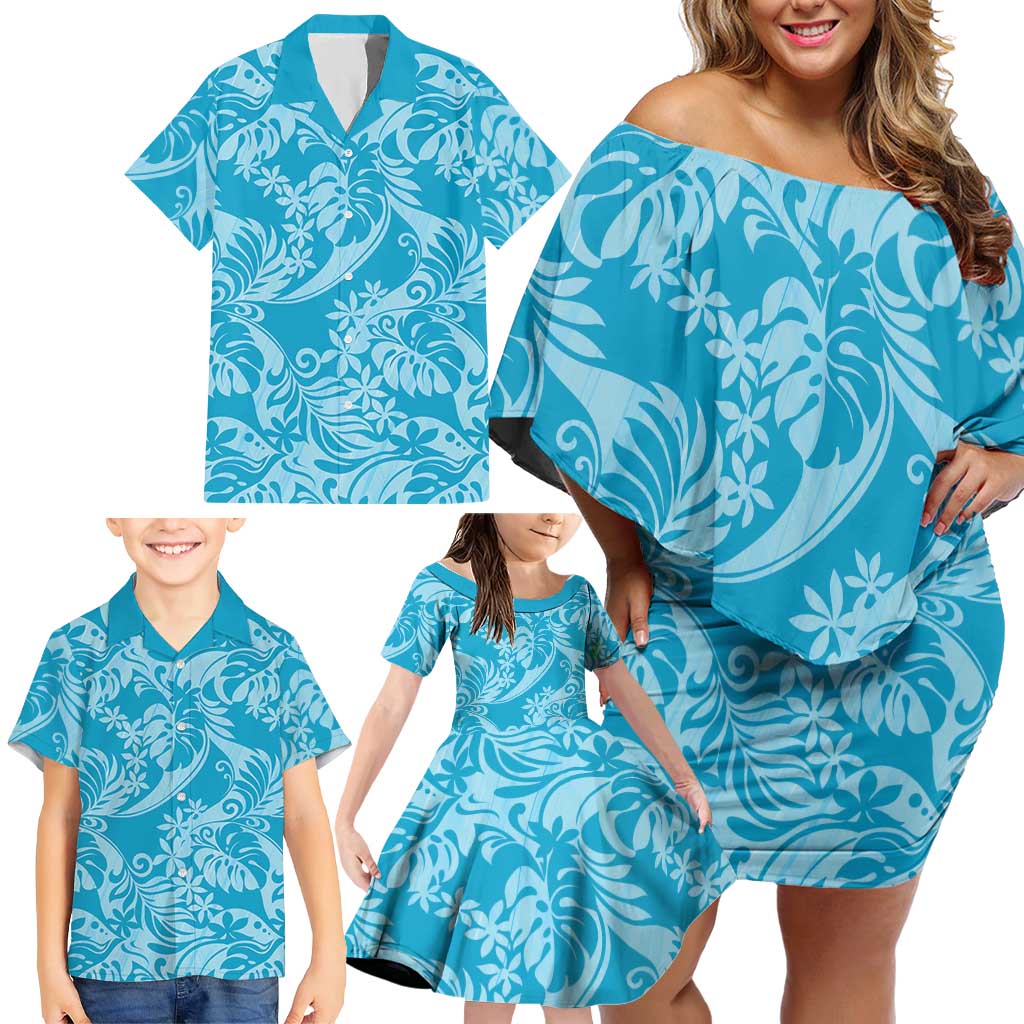 Tahiti Ninamu Tiare Floral Family Matching Off Shoulder Short Dress and Hawaiian Shirt Monstera Palm Tropical Leaves - Polynesian Pride