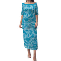 Tahiti Ninamu Tiare Floral Family Matching Puletasi and Hawaiian Shirt Monstera Palm Tropical Leaves LT01 Mom's Dress Blue - Polynesian Pride