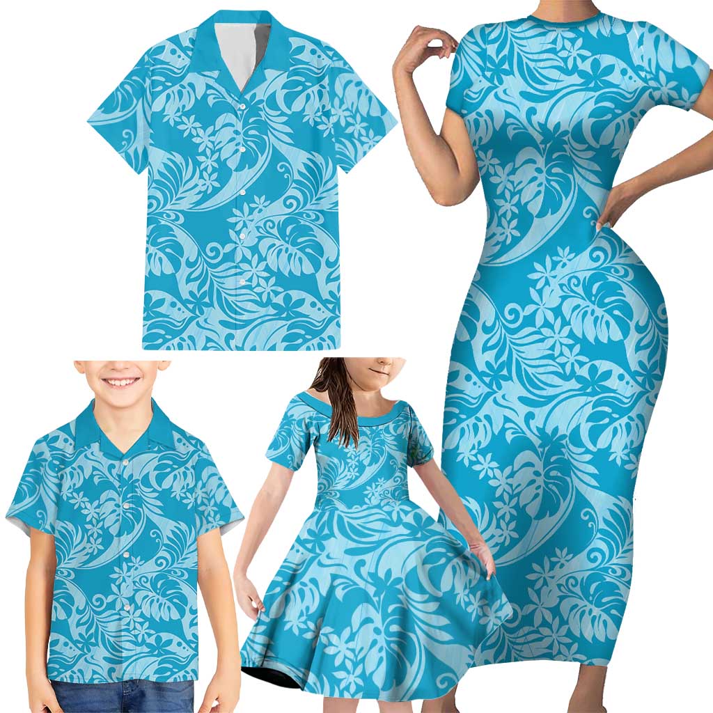 Tahiti Ninamu Tiare Floral Family Matching Short Sleeve Bodycon Dress and Hawaiian Shirt Monstera Palm Tropical Leaves - Polynesian Pride