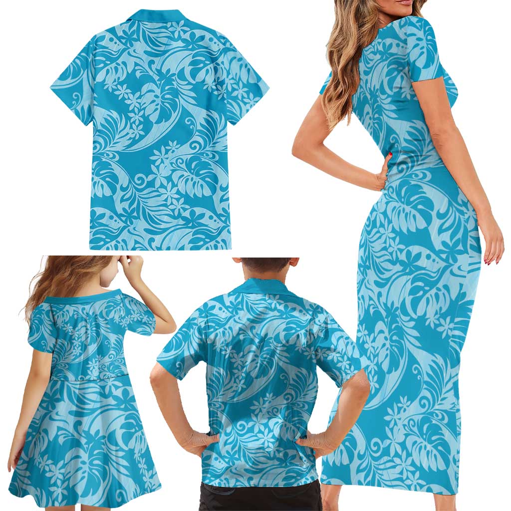 Tahiti Ninamu Tiare Floral Family Matching Short Sleeve Bodycon Dress and Hawaiian Shirt Monstera Palm Tropical Leaves LT01 - Polynesian Pride