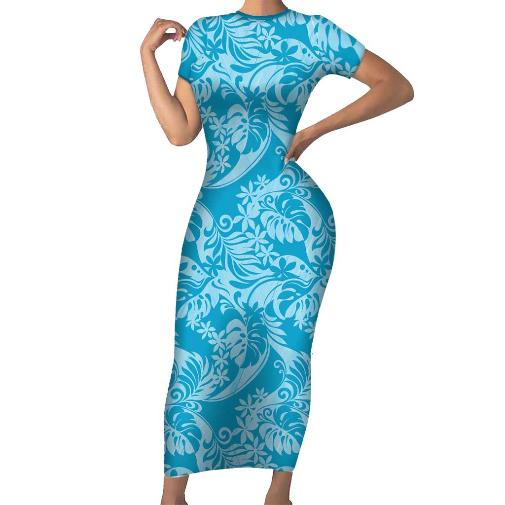 Tahiti Ninamu Tiare Floral Family Matching Short Sleeve Bodycon Dress and Hawaiian Shirt Monstera Palm Tropical Leaves LT01 Mom's Dress Blue - Polynesian Pride
