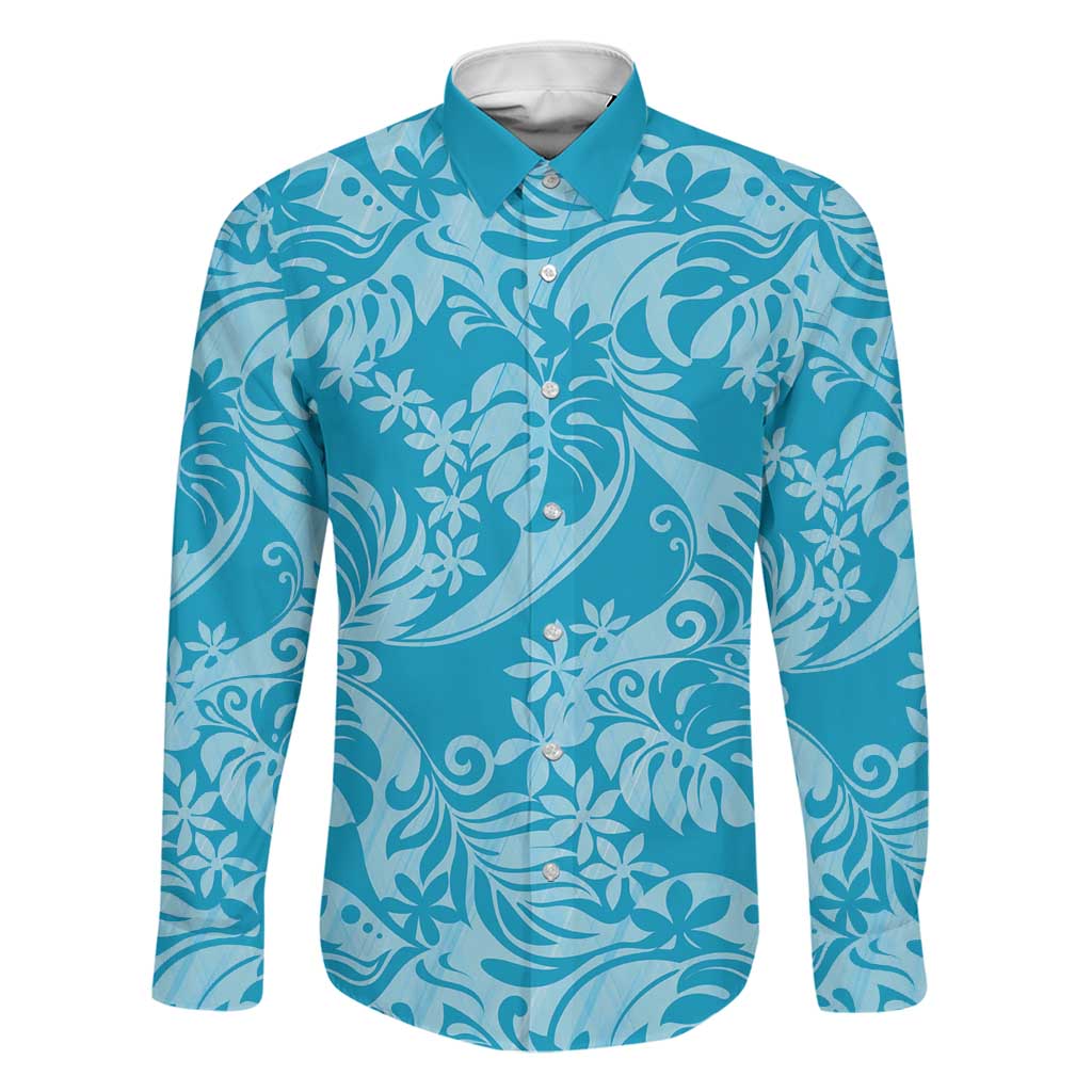 Tahiti Ninamu Tiare Floral Family Matching Summer Maxi Dress and Hawaiian Shirt Monstera Palm Tropical Leaves LT01 Dad's Shirt - Long Sleeve Blue - Polynesian Pride